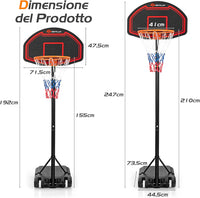 Canestro da Basket Bambini da Esterno, Canestro da Basket Regolabile in 5 Altezze e Portatile con Rete Durevole e Tabellone Infrangibile, 44,5 x 73,5 x 155-210 cm