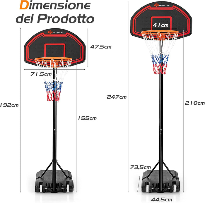 Canestro da Basket Bambini da Esterno, Canestro da Basket Regolabile in 5 Altezze e Portatile con Rete Durevole e Tabellone Infrangibile, 44,5 x 73,5 x 155-210 cm