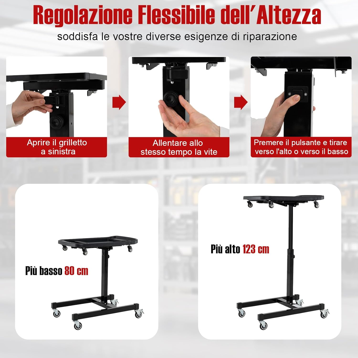 Vassoio Organizer per Attrezzi 2-in-1 con 4 Ruote, Carrello Porta Attrezzi Regolabile in Altezza con Vassoio, Carrello per Attrezzi da Meccanico Portatile per Garage e Officina, Nero