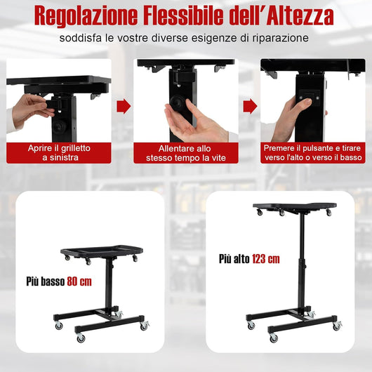 Vassoio Organizer per Attrezzi 2-in-1 con 4 Ruote, Carrello Porta Attrezzi Regolabile in Altezza con Vassoio, Carrello per Attrezzi da Meccanico Portatile per Garage e Officina, Nero
