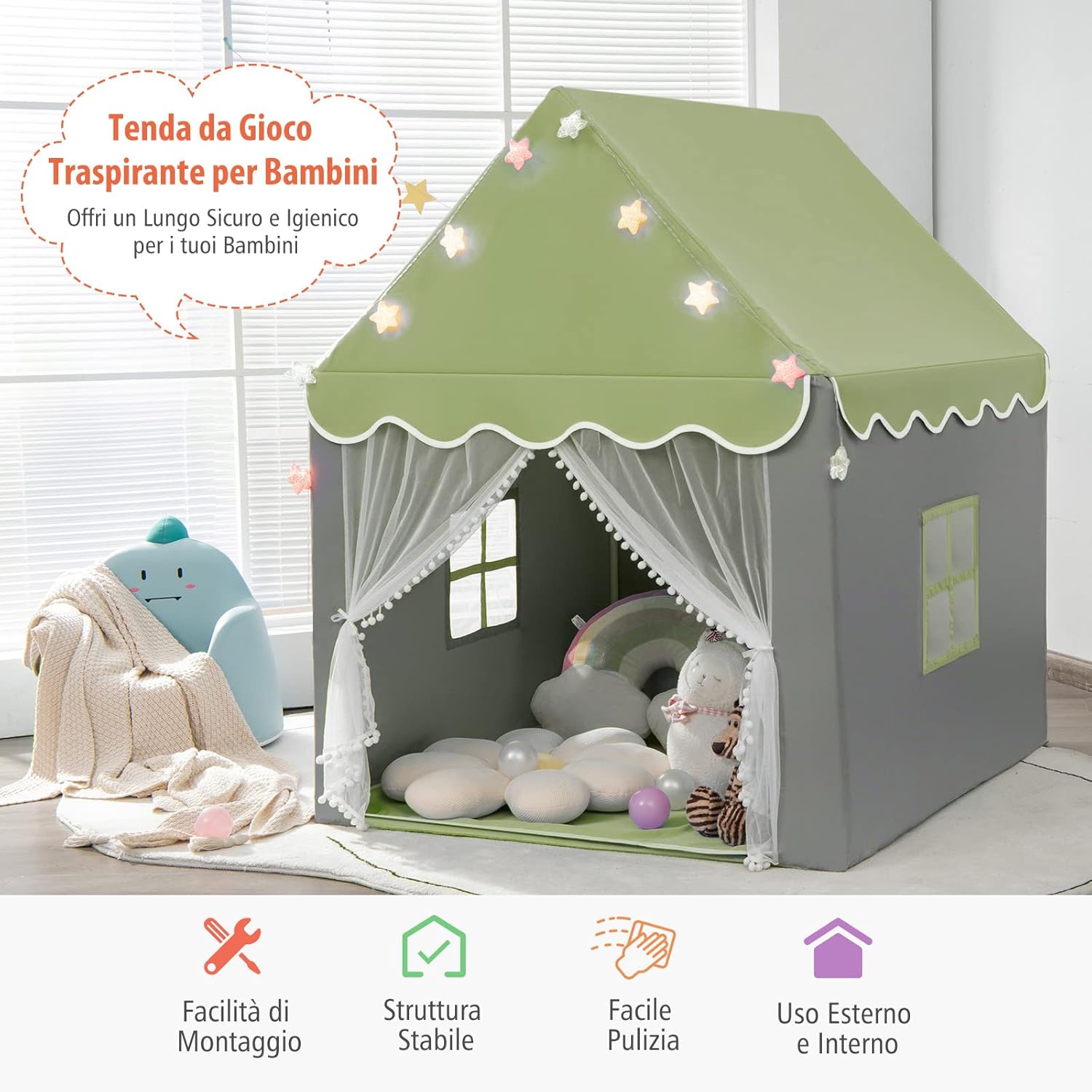 Tenda da Gioco per Bambini, Tenda Castello con Tappetino Lavabile, Luci a Forma di Stella, per Interno ed Esterno, 105 x 121 x 136 cm (Verde)