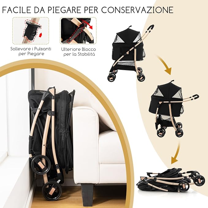 Passeggino per Cani Pieghevole 3 in 1, Carrello per Animali Domestici con Tettuccio Regolabile e Cesto, Trasportino a 4 Ruote per Cani di Piccola e Media Taglia (Nero)