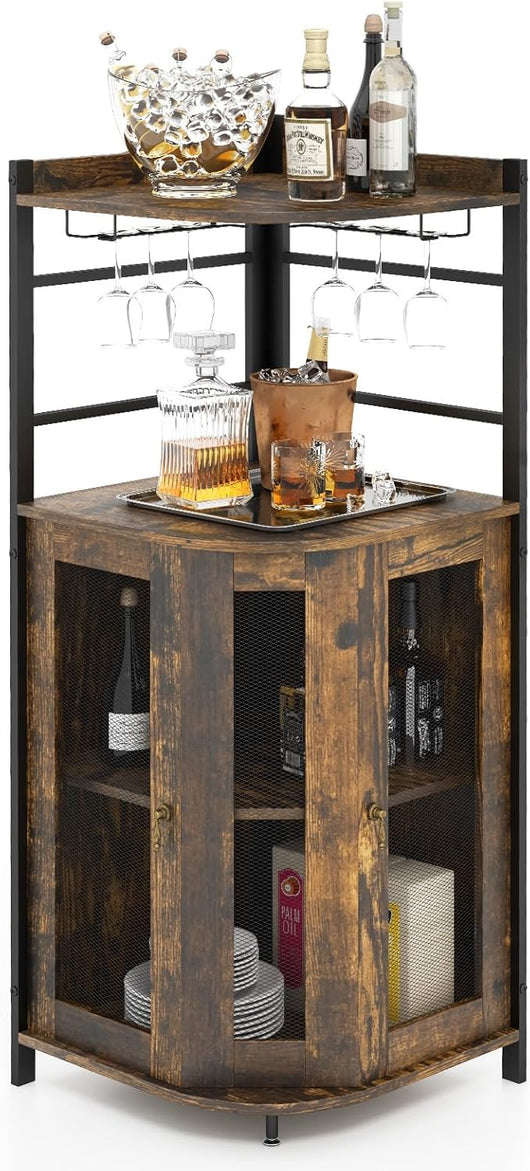 Mobile Bar Angolare, Mobiletto Multiuso con Porta Bicchieri, 2 Porte Ventilate in Rete Metallica e Ripiano Regolabile, per Cucina, Sala da Pranzo e Soggiorno (Marrone)