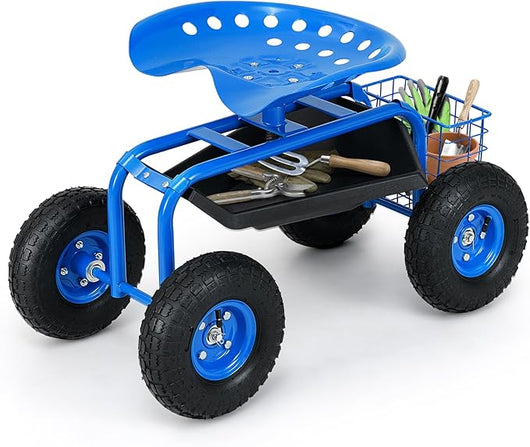 Sgabello da Giardino, Sgabello per Giardinaggio con Ruote, Sedile Regolabile in Altezza e Girevole a 360°, Cestello e Vassoio, Carrello per Prato e Giardino, Portata 150 kg (Blu)