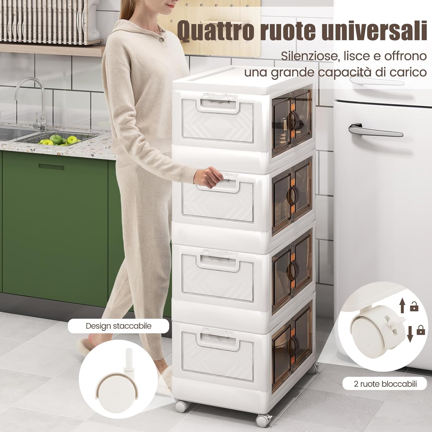 Set di Contenitori in PP, Contenitori Plastica con Coperchio, Scatola Portaoggetti Pieghevoli con Ruote, per Soggiorno, Camera da Letto, Cucina (L-Set di 4)
