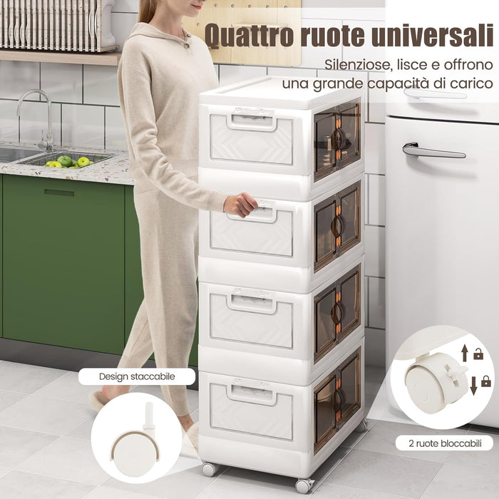 Set di Contenitori in PP, Contenitori Plastica con Coperchio, Scatola Portaoggetti Pieghevoli con Ruote, per Soggiorno, Camera da Letto, Cucina (L-Set di 4)