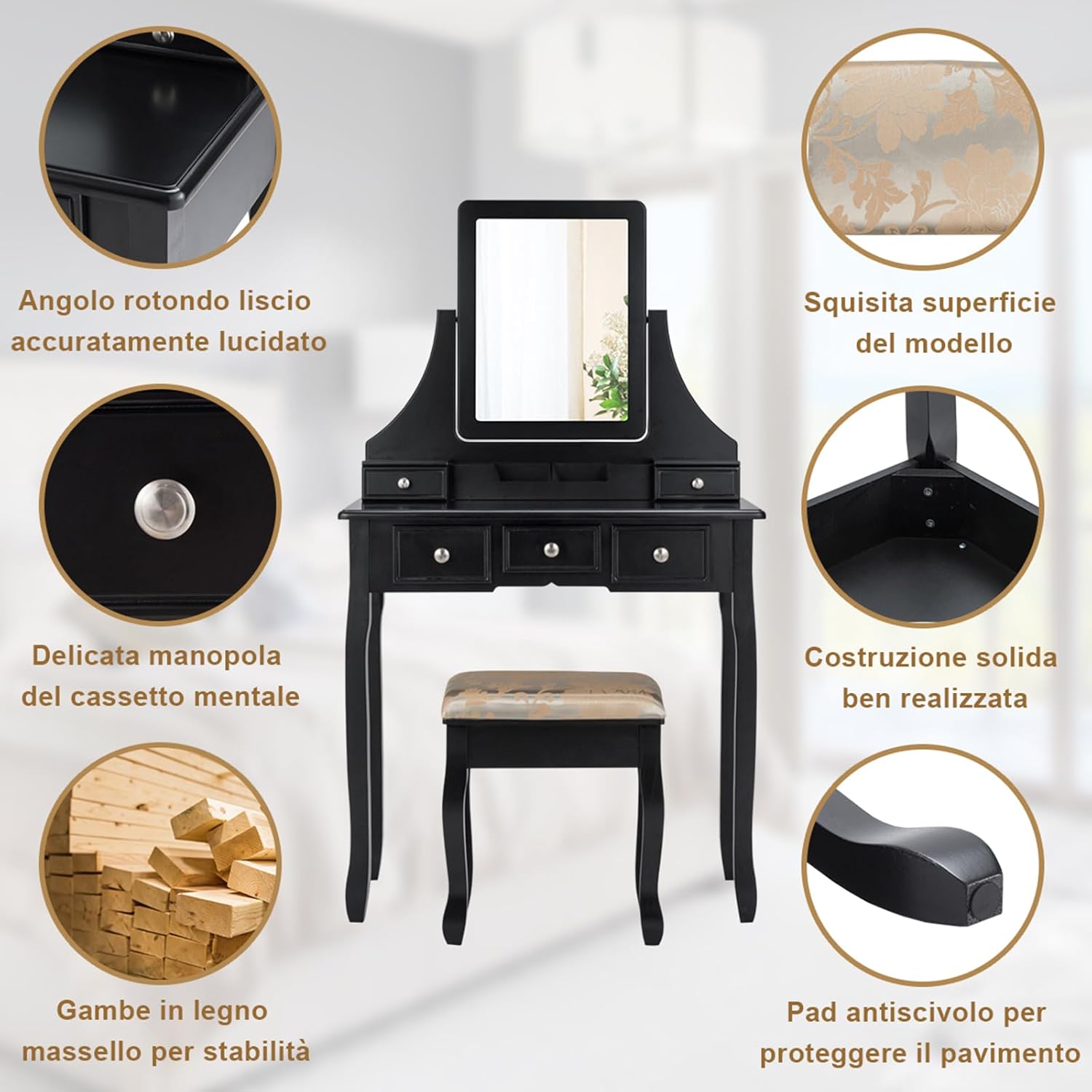 2-in-1 Toeletta Trucco con Sgabello, Postazione Trucco con Specchio Girevole a 360° Rimovibile, 5 Cassetti e Organizzatori, Tavolo da Trucco Scrivania Moderno, 80 x 40 x 139 cm (Nero)