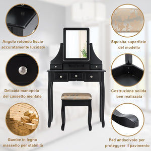 2-in-1 Toeletta Trucco con Sgabello, Postazione Trucco con Specchio Girevole a 360° Rimovibile, 5 Cassetti e Organizzatori, Tavolo da Trucco Scrivania Moderno, 80 x 40 x 139 cm (Nero)
