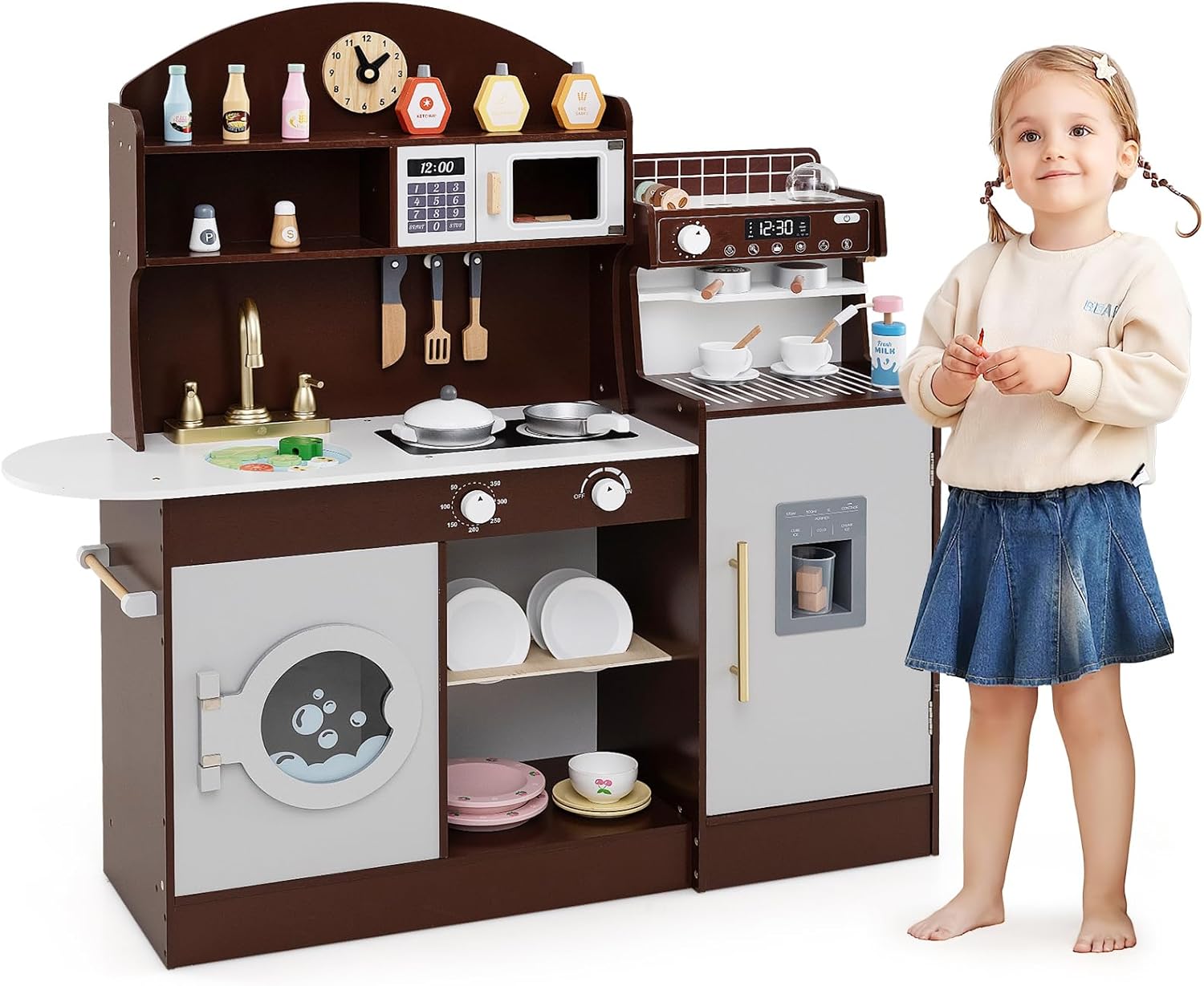 Cucina Giocattolo con Macchina da Caff¨¨ e del Ghiaccio, Cucina per Bambini in Legno con Lavatrice, Microonde, Fornelli e Lavandino, Set Cucina con 27 Accessori, 106 x 30 x 105 cm (Marrone)