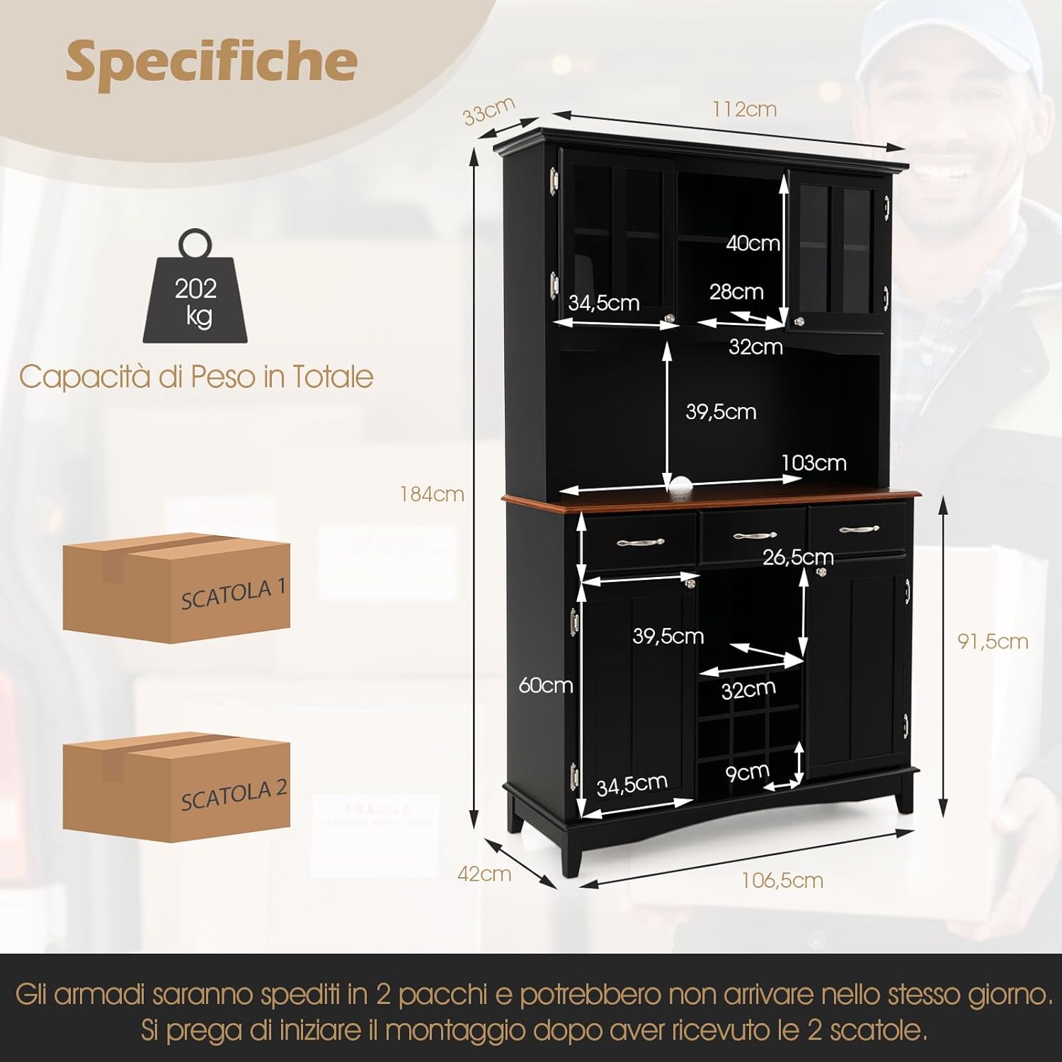 Credenza da Cucina, Armadietto Dispensa da Cucina Alto con Ante in Vetro Temperato, Portabottiglie, Ripiani Regolabili, Mobile Moderno per Cucina con 3 Cassetti e Ripiani Aperti (Nero)