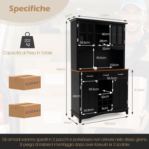 Credenza da Cucina, Armadietto Dispensa da Cucina Alto con Ante in Vetro Temperato, Portabottiglie, Ripiani Regolabili, Mobile Moderno per Cucina con 3 Cassetti e Ripiani Aperti (Nero)
