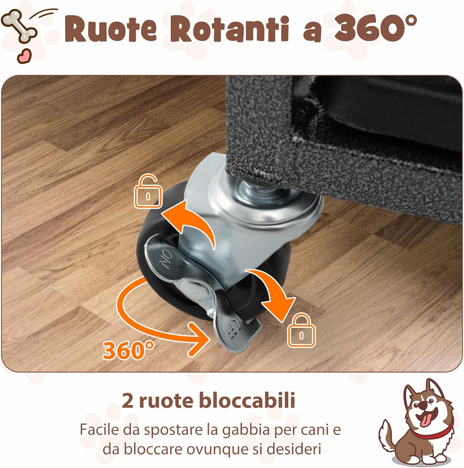 Gabbia per Cani in Metallo Pieghevole, Gabbia per Cani Anti-masticazione con Ruote, Vassoio Rimovibile e 2 Porte, Gabbia da Interno ed Esterno per Cani Media e Grande (96 x 65 x 77 cm)