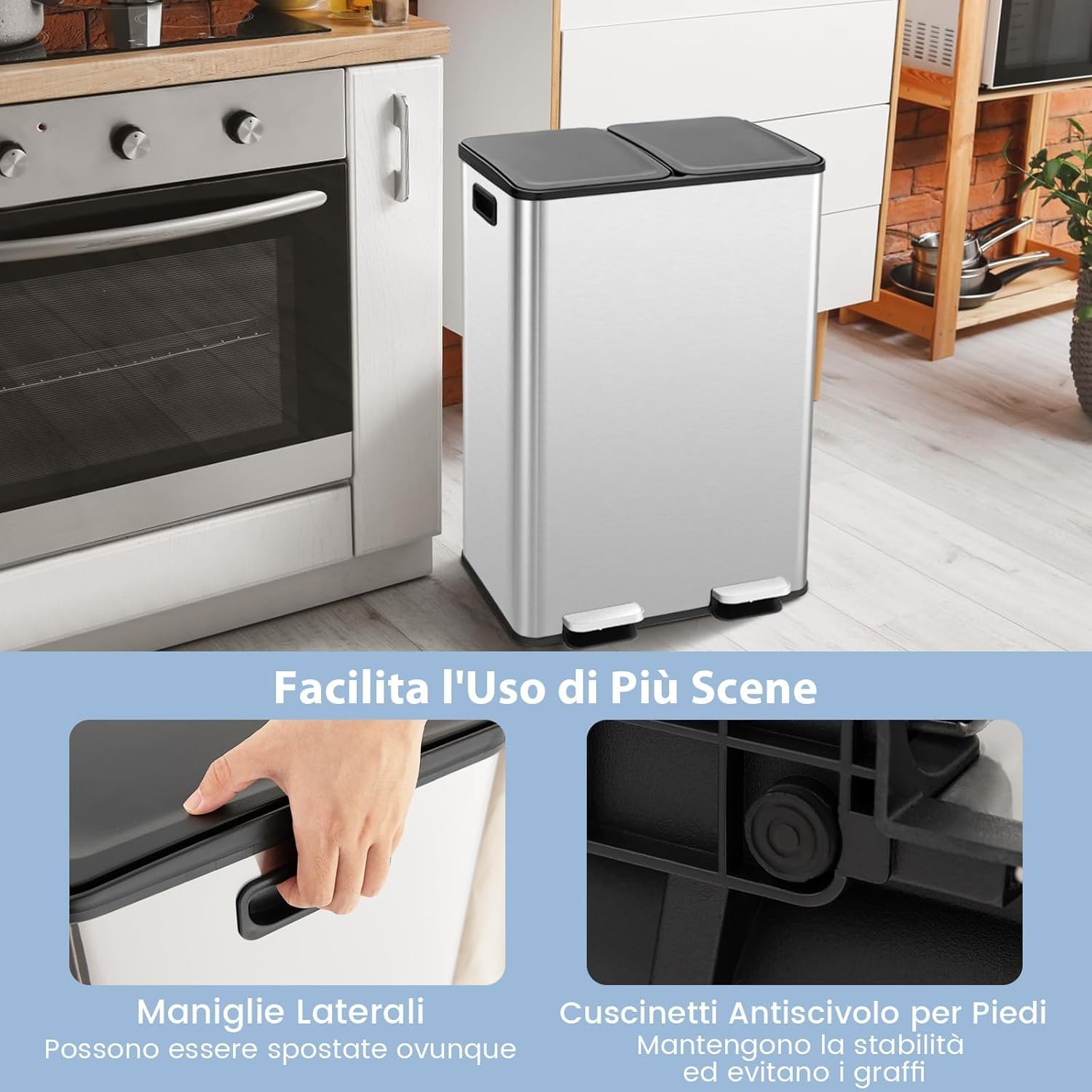 Pattumiera per Differenziata 2 Scomparti, Secchi Spazzatura Differenziata 2 x 30 L, Bidone con Coperchi a Chiusura Morbida, Acciaio Inox Anti-Impronte (Argento)