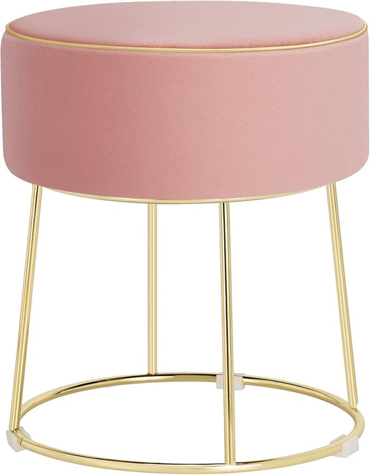 Pouf Rotondo Poggiapiedi 41cm, Sgabello Moderno da Trucco con Base in Metallo, Sedile Imbottito Spesso e Piedini Antiscivolo per Toeletta, Comodino e Divano (Rosa)