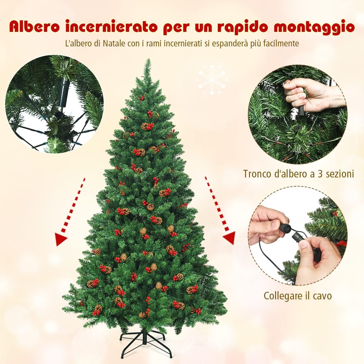 Albero di Natale da 135/195 cm, Albero di Natale Artificiale con 300/450 Luci LED Bianco Caldo, 516/1100 Rami, 32/56 Pigne e 32/56 Bacche Rosse e Base in Metallo, Verde (195cm)
