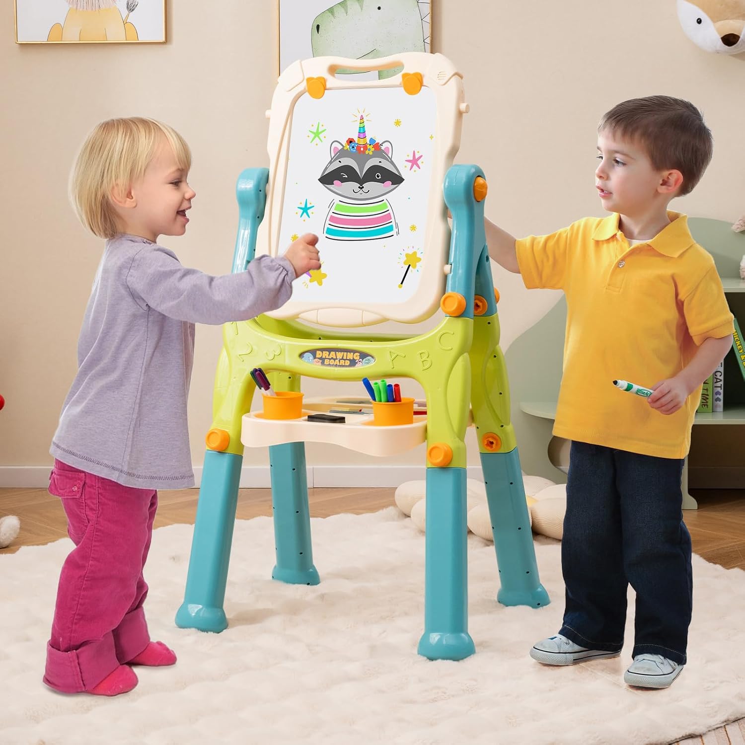 Cavalletto per Bambini, Lavagna Magnetica a Doppia Faccia Regolabile in Altezza, Tavolo da Disegno Staccabile con Manico Portatile e 2 Tazze, per Bambini 3 Anni + (Verde+Blu)