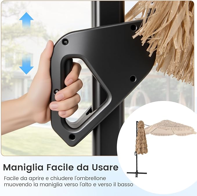 Ombrellone da Spiaggia 283 cm, Ombrello Tiki di Paglia in PE con Base, Ombrellone Sospeso Hawaiano per Giardino Piscina Terrazza