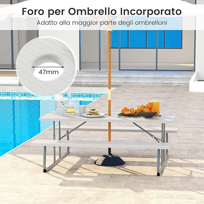 Tavolo da Picnic Pieghevole con 2 Panche, Set di Tavolo da 183 cm con Telaio in Metallo, Piano in HDPE, con Foro per Ombrellone, Tavolo da Pranzo da Giardino, Portata Totale 650 kg (Grigio)