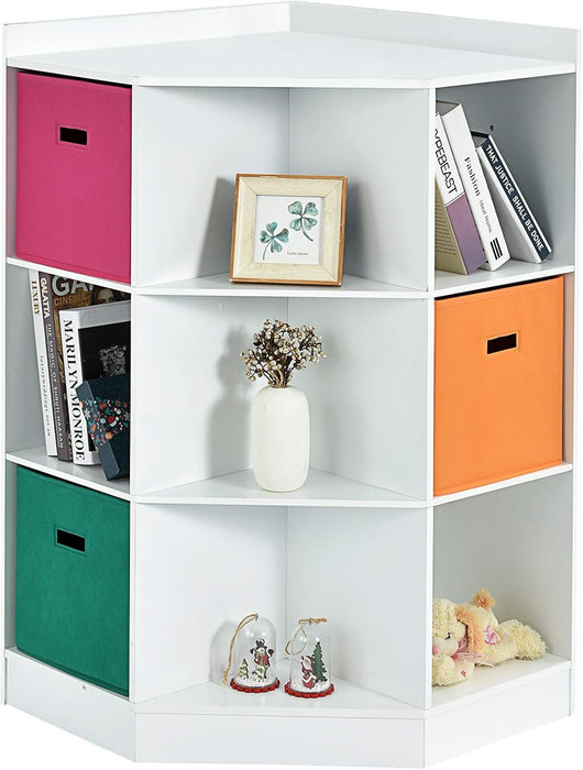 Scaffale Angolare, Scaffale ad Angolo con Tre Cestini Colorati e 9 Ripiani, per Casa, Soggiorno e Camera da Letto, 81x 61 x 94cm (Bianco)