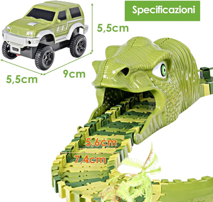 Pista con 261 Pezzi e Macchinina, Macchinina Elettrica e Dinosauri, Set con Pista per Macchinine per Bambini, Dinosauro 3+ Anni
