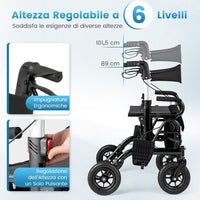 2 in 1 Deambulatore Pieghevole e Sedie a Rotelle per Anziani in Alluminio, Rollator Altezza Regolabile con Seduta e Freni, Girello per Anziani con Ruote Robuste, Carico Massimo 140 kg (Nero)
