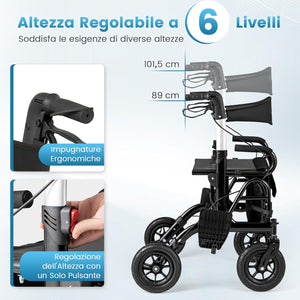 2 in 1 Deambulatore Pieghevole e Sedie a Rotelle per Anziani in Alluminio, Rollator Altezza Regolabile con Seduta e Freni, Girello per Anziani con Ruote Robuste, Carico Massimo 140 kg (Nero)