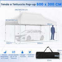 Gazebo Pieghevole da Giardino 3 x 6m, Gazebo Pop-up con Borsa da Trasporto, Regolabile in Altezza, per Feste, Barbecue, Giardino e Spiaggia (Bianco)