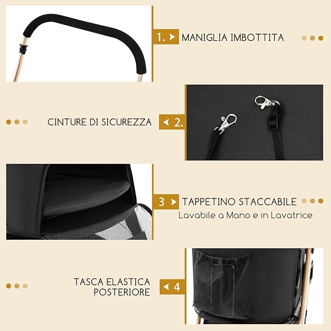 Passeggino per Cani Pieghevole 3 in 1, Carrello per Animali Domestici con Tettuccio Regolabile e Cesto, Trasportino a 4 Ruote per Cani di Piccola e Media Taglia (Nero)