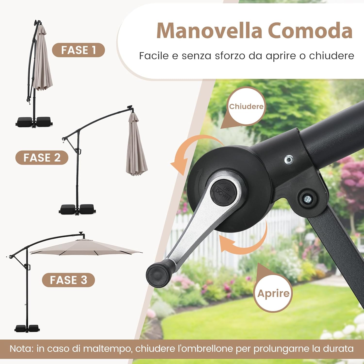 Ombrellone da Giardino 290 cm, con 96 Luci LED, Ombrellone Esterno con Base, Inclinazione Regolabile, Rotazione a 360°, Manovella, Parasole da Giardino (Beige)