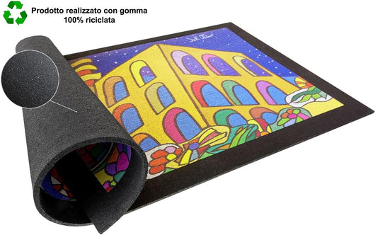 Zerbino Gomma Dipinto Artistico Jack Ottanio Pop Art 40x70 cm Antiscivolo Pop Buildings (C)