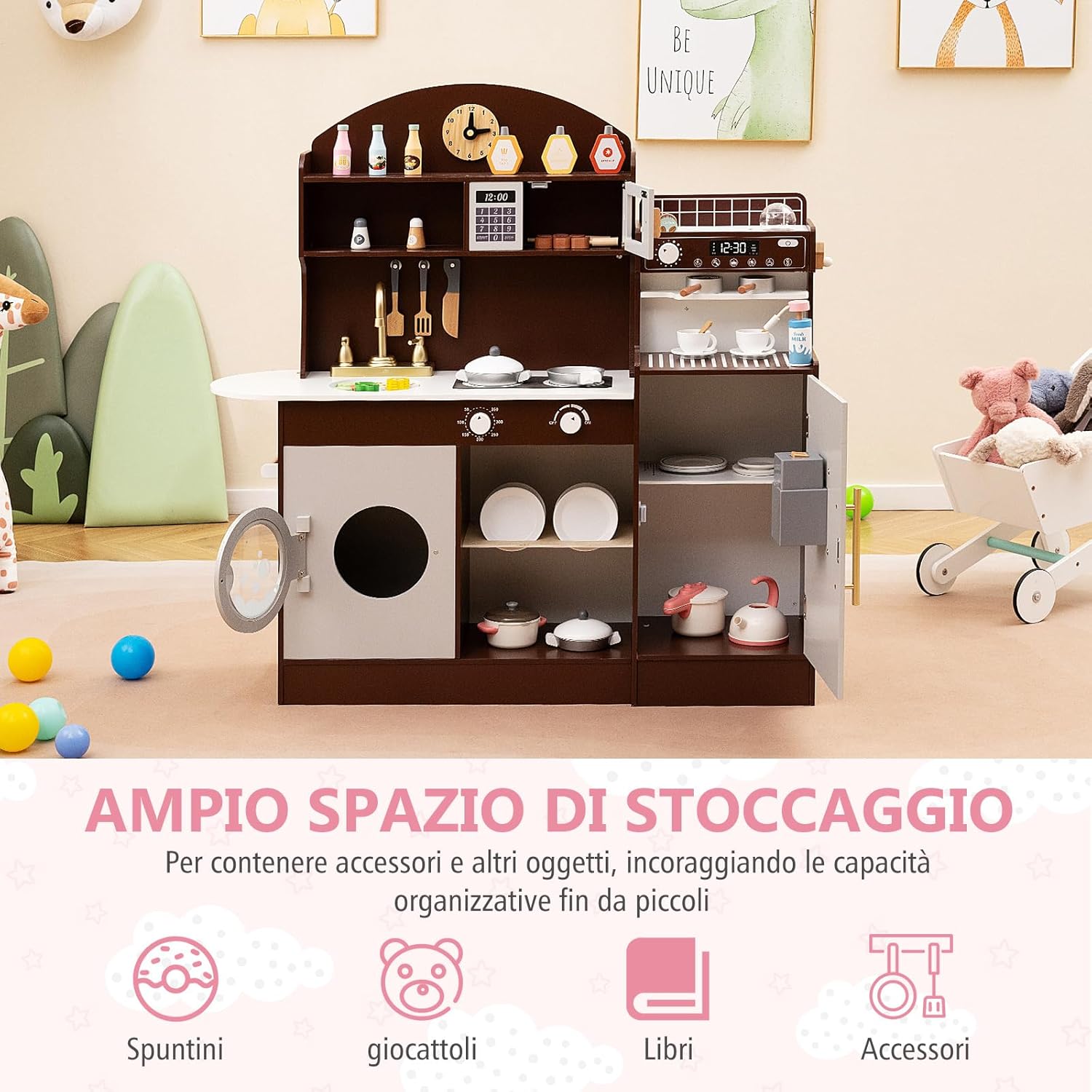 Cucina Giocattolo con Macchina da Caff¨¨ e del Ghiaccio, Cucina per Bambini in Legno con Lavatrice, Microonde, Fornelli e Lavandino, Set Cucina con 27 Accessori, 106 x 30 x 105 cm (Marrone)