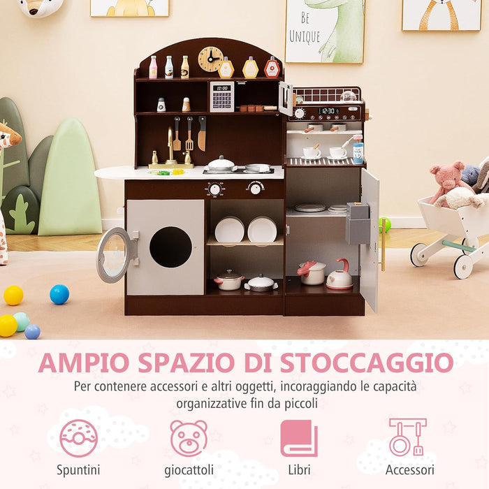 Cucina Giocattolo con Macchina da Caff¨¨ e del Ghiaccio, Cucina per Bambini in Legno con Lavatrice, Microonde, Fornelli e Lavandino, Set Cucina con 27 Accessori, 106 x 30 x 105 cm (Marrone)