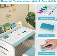 Set Tavolo e sedia per Bambini, Tavolo per Bambini con Sedia, Tavolo da Disegno Cancellabile e Ripiano, per Disegnare, Leggere, Giocare, Ideale per Bambini 3-8 Anni (Blu)