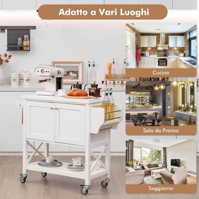 Carrello da Cucina con Armadietto Portaoggetti, Isola da Cucina Carrello Rotante con Porta Asciugamani e Porta Spezie, Piano in Legno, Tavolo Mobile per Cucina Bar
