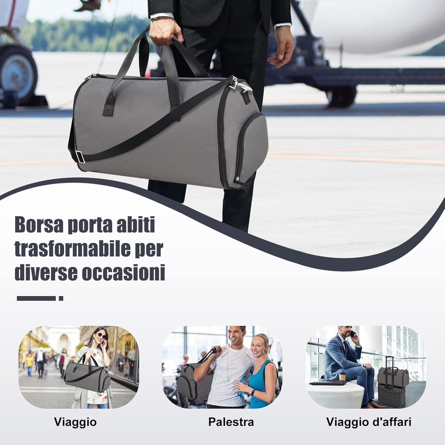 Borsone da Viaggio e Porta Abiti 2 in 1, Borsa da Viaggio con Scomparto per Scarpe e Tracolla Regolabile, Impermeabile, 50L (Grigio Scuro)