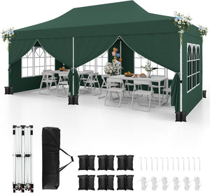 Gazebo da Giardino 3 x 6 m, Tendone per Feste con 6 Pannelli Laterali Rimovibili, con Borsa da Trasporto, Design Pop-up, per Matrimonio Eventi e Barbecue (Verde)