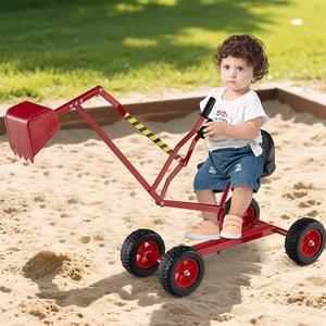 Escavatore Giocattolo, Ruspa Cavalcabile per Bambini con Comandi a 2 Mani e Pala Flessibile, Sedile Rotante 360°, 4 Ruote, per Bambini 3 Anni+ (con Ruote Rosso)