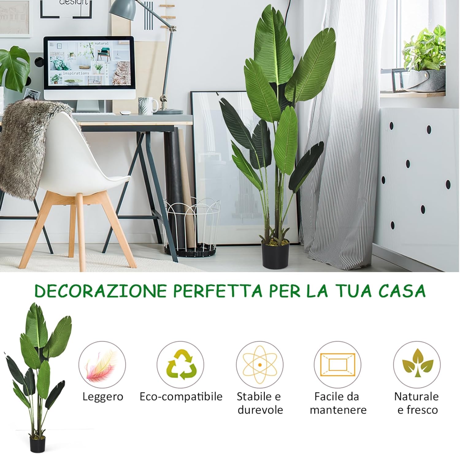 Pianta Finta da Interno da 160 cm, Palma Tropicale Artificiale in Vaso con Tronco Resistente e Foglie Realistiche, Pianta Artificiale da Interno ed Esterno