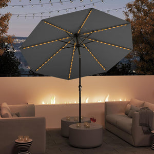 Ombrellone da Esterno 288 cm, con 96 Luci LED, Ombrellone Giardino con Inclinazione Regolabile, Manovella, 8 Stecche e Top Ventilato, Parasole da Mercato per Giardino Spiaggia (Grigio)