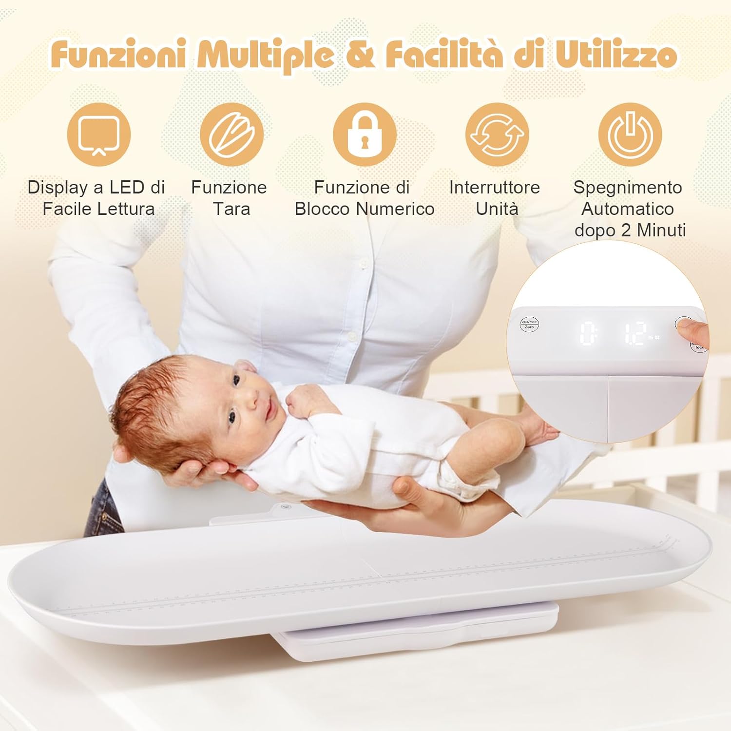 Bilancia Intelligente per Bambini, Bilancia Multifunzione con Vassoio Rimovibile, Bilancia con Bluetooth, 5 Unità e Schermo LED, Funzione Hold e Tara, LED, per Neonati Bambini