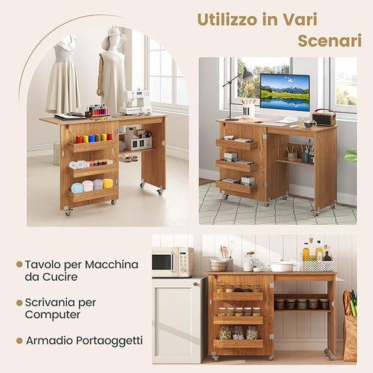 Tavolo da Cucito Pieghevole, Mobile per Macchina da Cucire con Ripiano Portaoggetti, 3 Scomparti Nascosti e Ruote Bloccabili, Mobile Multiuso per Piccoli Spazi (Legno, 118,5 x 40 x 79,5 cm)