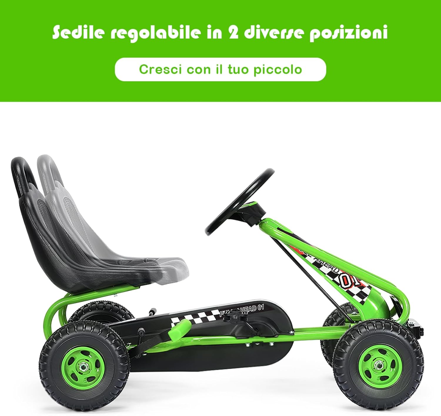 Go Kart a Pedali per Bambini, Go Kart Veicolo con Sedile Regolabile e Freno a Mano, per Bambini 3-6 Anni, Portata Massima 30 kg (Verde)