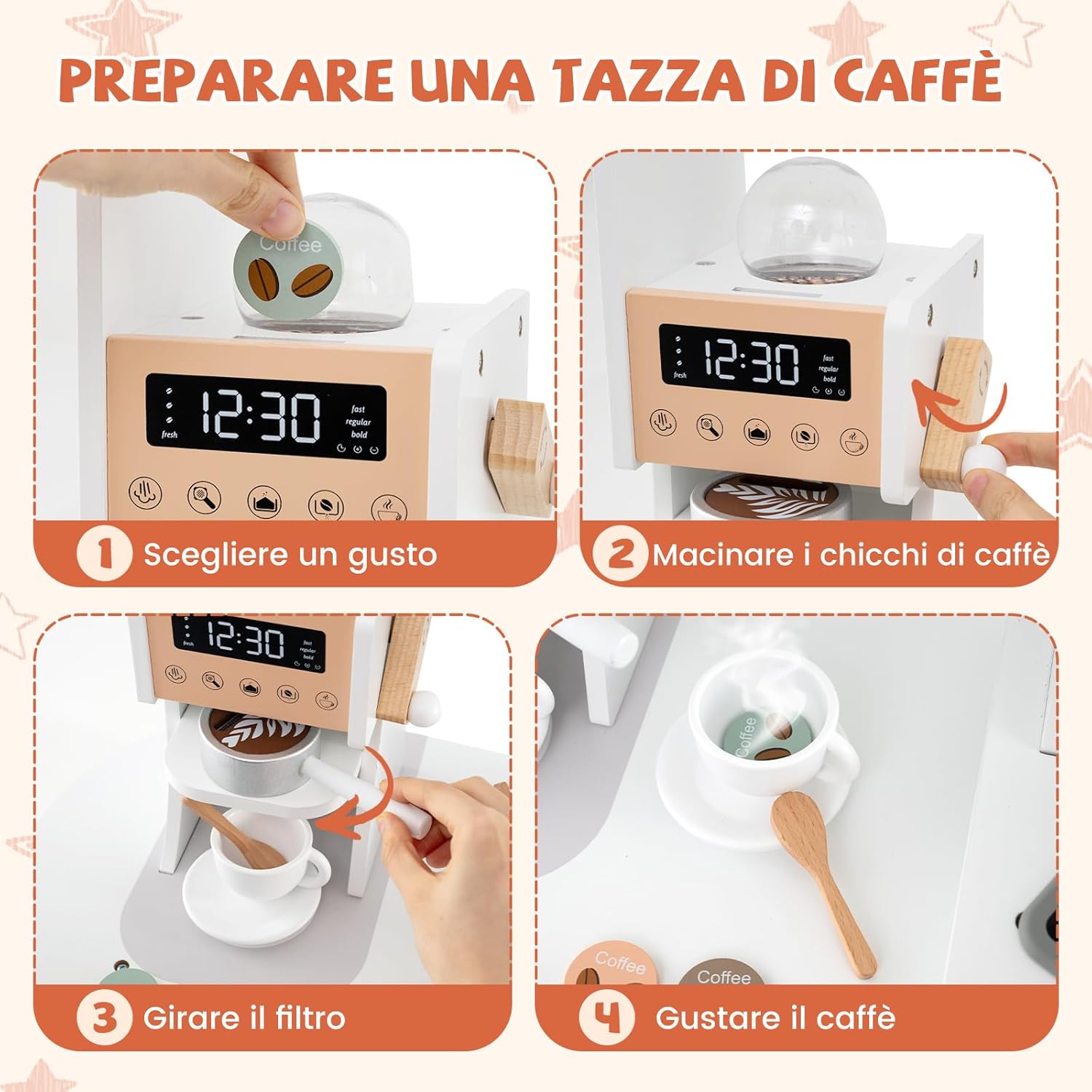 Cucina Giocattolo Angolare con Fornelli e Micronde da Suoni e Luci, Cucina per Bambini in Legno con Macchina Caffè, Lavandelo, Forno e Lavatrice, Set Cucina con Accessori (Bianco)
