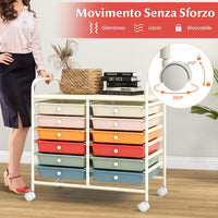 Carrello di Stoccaggio con 12 Cassetti, Carrello portaoggetti con 4 Ruote, Carrello Multiuso per Scuola Ufficio Cucina, 64 x 38 x 62 cm (12 cassetti Macaron)