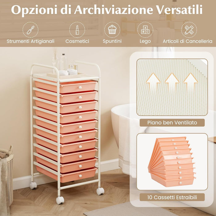 Carrello con 10 Cassetti da Stoccaggio, Cassettiera di Metallo e Plastica, Contenitore Multiuso con Ruote a Freno, per Casa e Ufficio (Arancia)