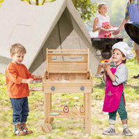 Barbecue Giocattolo per Giardino in Legno di Abete, Griglia Carrello Bambini con Cibo, Set Cucina Giocattolo con 25 Accessori BBQ, 53 x 36 x 63 cm, per Bambini 3+ Anni