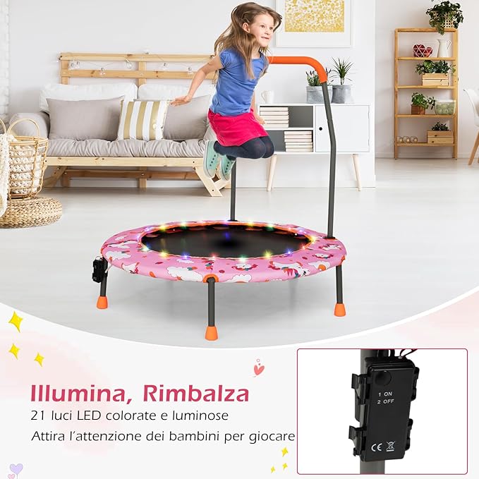 Trampolino per Bambini da Interno ed Esterno, Tappeto Elasctico Bambini 3-6 Anni in Acciaio con Maniglia Rimovibile, Luci LED, Cuscinetti Antiscivolo e Copertura Protettiva