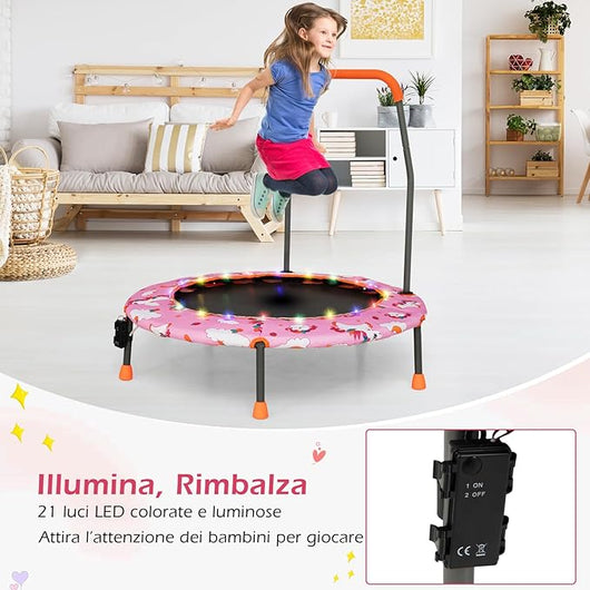 Trampolino per Bambini da Interno ed Esterno, Tappeto Elasctico Bambini 3-6 Anni in Acciaio con Maniglia Rimovibile, Luci LED, Cuscinetti Antiscivolo e Copertura Protettiva