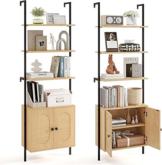 Scaffale Salvaspazio 60 x 30 x 184 cm, Libreria a 3 Livelli con Ripiano Regolabile, Struttura in Metallo, Armadietto in Rattan e Scaffale Aperto, Mobile Bagno per Soggiorno e Ufficio