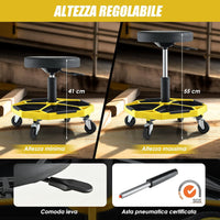 Sgabello da Officina con Ruote, con Ripiano per Attrezzi e Viti, Portata di 150 kg, Altezza Regolabile e Girevole, Sedia Meccanico per Garage, Officina (Giallo)